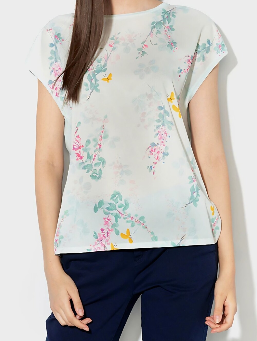 Ted Baker Mint Green Floral Cap-Sleeve Blouse with Pink & Yellow Accents